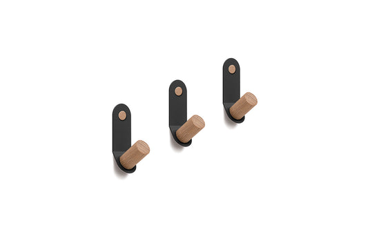 Three Fire Road Plane Single Hooks - Set of 3 with powder-coated steel frames and wooden pegs are arranged in a row against a white background.