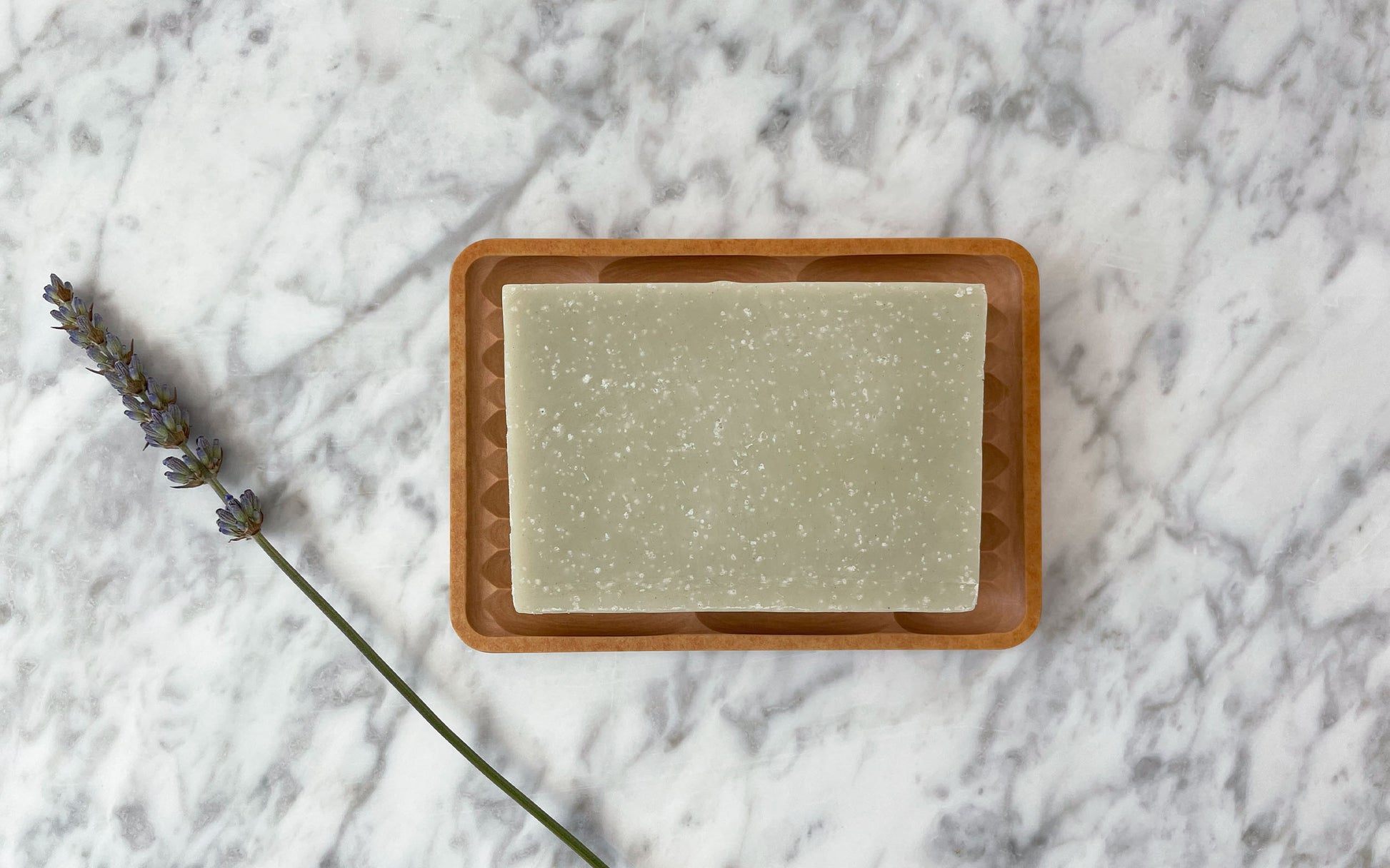 A rectangular bar of soap on a Fire Road Deco Soap Dish made from recycled paper is on a marble surface with a sprig of lavender placed beside it.