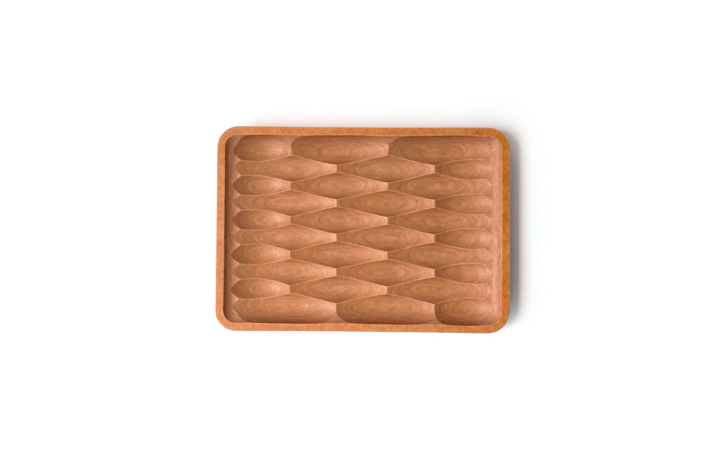 Wooden tray with an oval indent pattern on a plain white background, serving as an eco-friendly Deco Soap Dish by Fire Road for your sustainable bathroom accessory collection.